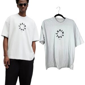 All Saints Oversized Fit Organic Cotton Light Grey Logo Graphic Shirt Size XS